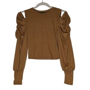 Fashion Nova Cold Shoulder Sweater Medium Brown Long Sleeves Crew Neck‎ Winter